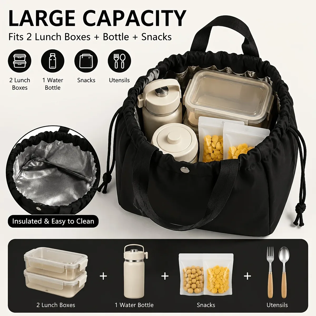 sac isotherme léger unisexe avec cordon de serrage pour le déjeuner, sac de rangement thermique pour aliments, sac à main pour le travail, les voyages, les pique-niques, facile à nettoyer, cadeau de vacances