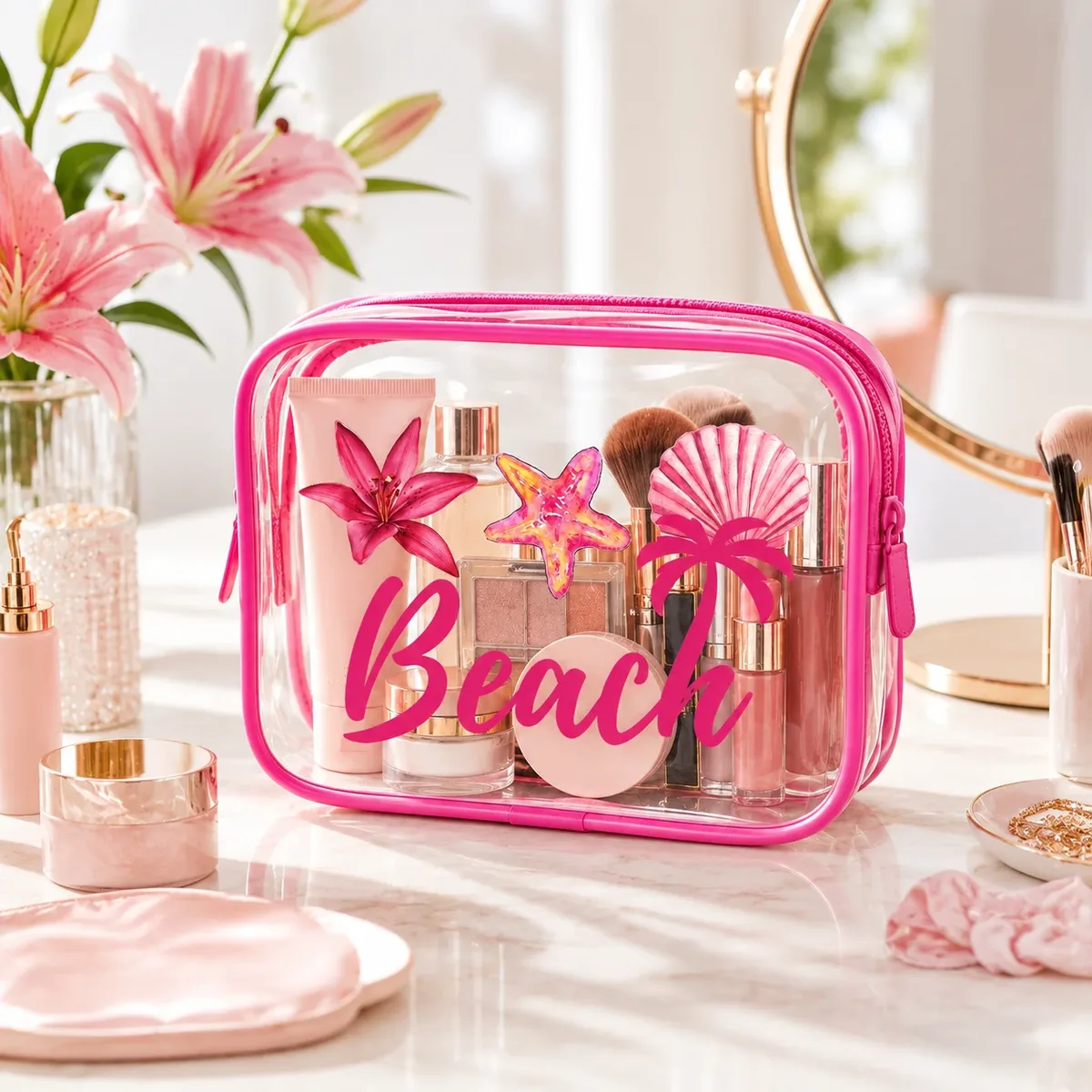 pochette de maquillage transparente en pvc à imprimé plage rose, pochette de rangement cosmétique de voyage imperméable pour femmes, rangement pour articles de toilette et soins de la peau