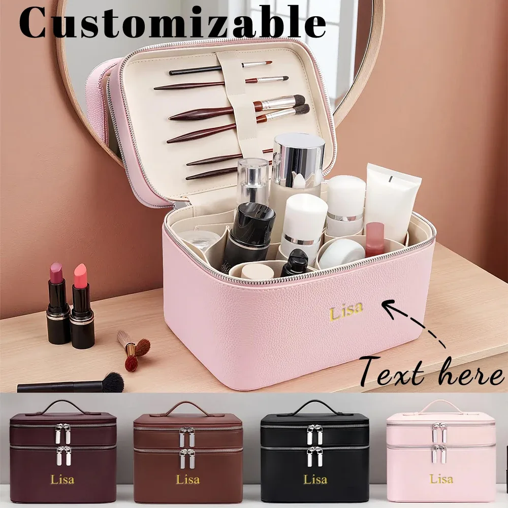 Sac de maquillage professionnel portable à double couche personnalisé avec nom, trousse de soins de la peau, boîte de rangement pour produits de beauté, sac de maquillage multi-compartiments