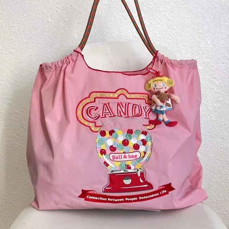 sac de shopping brodé pour femmes, avec chaîne à billes, grande capacité, en nylon écologique, sac à main, sac à bandoulière, sac porté en travers du corps.