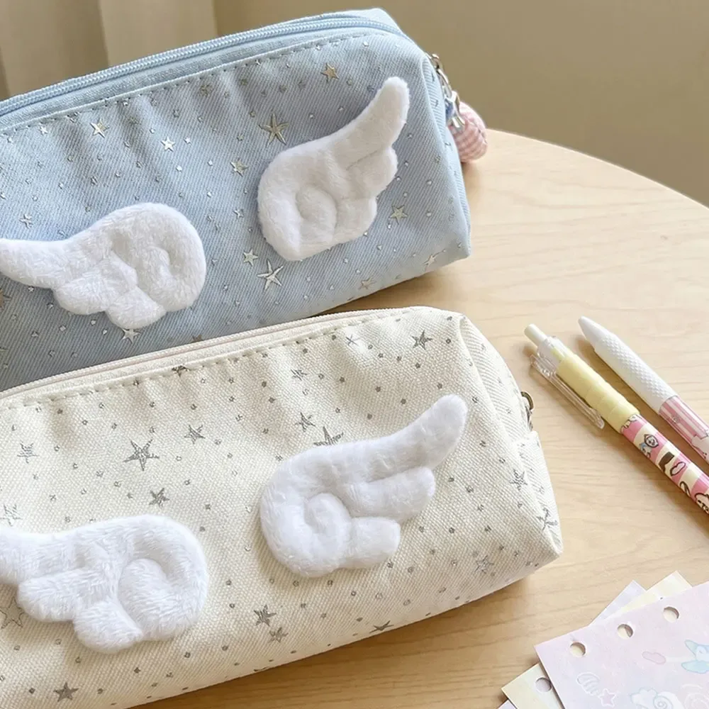 grande trousse de toilette en peluche 3d avec décor ange, pochette de maquillage portable avec sangle de transport, organiseur de voyage pour filles