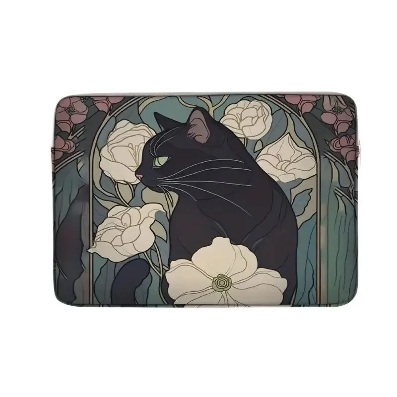 1 pièce, deux styles, sac pour ordinateur portable imprimé motif camélia et chat noir, housse souple en tissu pour ordinateur portable, convient aux ordinateurs portables de 14 pouces