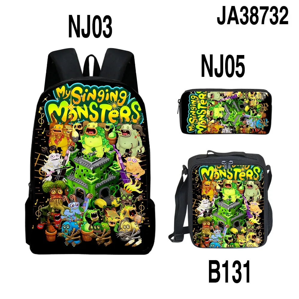 sacs à dos pour enfants, ensemble de sacs à dos, sac à déjeuner pour enfants, sac à crayons, ensemble de 3 pièces, nouveau sac de concert 3d my singing monsters