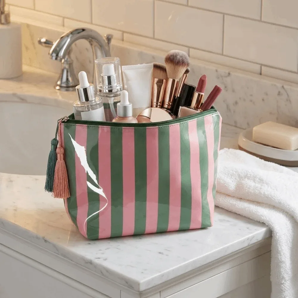 trousse de toilette de voyage portable à franges grande capacité design mignon sac cosmétique rayé en pvc fermeture éclair brillante pochette à pinceaux de maquillage