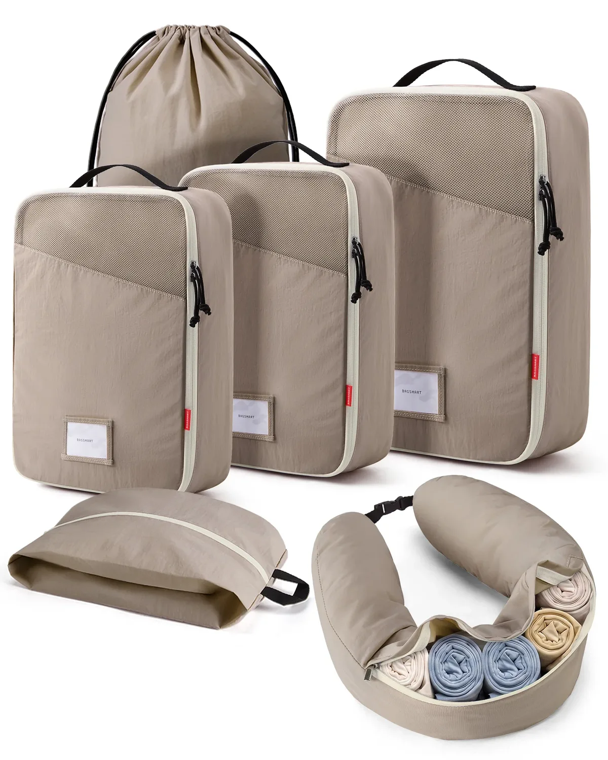 cubes de compression bagsmart avec oreiller de voyage, 6 pièces, sacs de rangement de voyage durables, résistants aux déchirures, en tissu lavable, avec fente pour carte