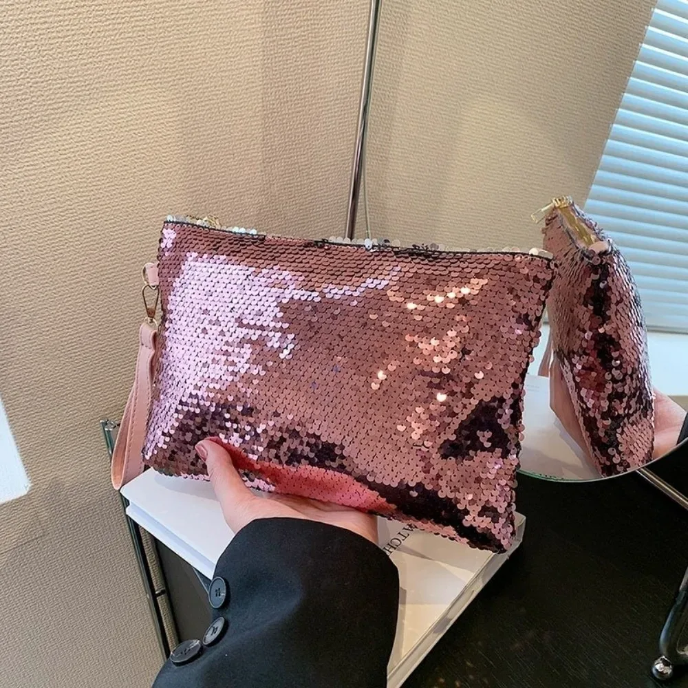 nouvelle trousse à cosmétiques brillante à paillettes, trousse de maquillage multifonctionnelle de grande capacité avec fermeture éclair, sac de rangement en polyester, sac de rangement de voyage