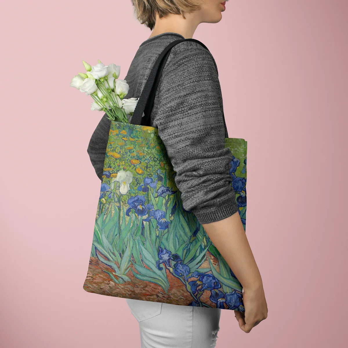 [bouche en toile] sac en toile imprimé peinture à l'huile sac fourre-tout léger pour femme sac à main quotidien sac à provisions multifonctionnel