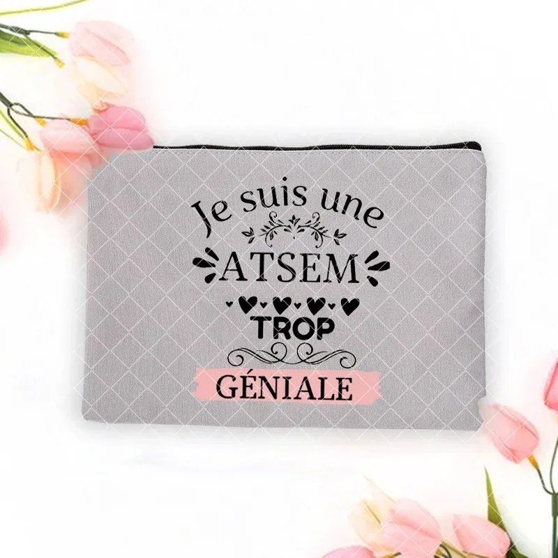 merci atsem – trousse de maquillage imprimée française, grande trousse à crayons, fournitures de papeterie scolaire, sac de rangement, pochette de lavage de voyage, cadeaux pour atsem