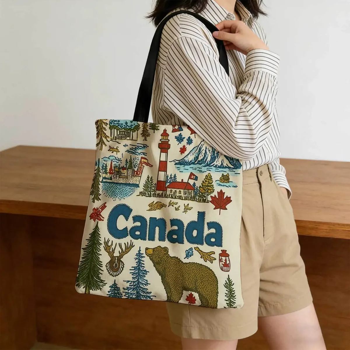 sac fourre-tout en toile avec motif de phare et de fauve du canada, 40x38cm, 1 pièce, adapté aux déplacements quotidiens, au shopping, aux voyages et aux loisirs