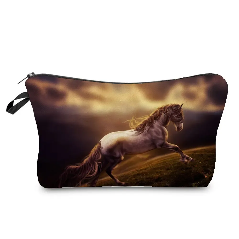 sacs de maquillage imprimés cheval pour femmes, sac à cosmétiques décontracté pour filles, mini trousse de toilette écologique réutilisable de voyage, trousse à crayons pour étudiants