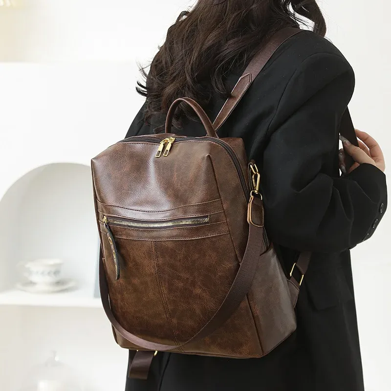 2025 nouveau femmes imperméable à l'eau en cuir pu grand vintage mode voyage affaires sac de travail université collège sac à dos sac à bandoulière