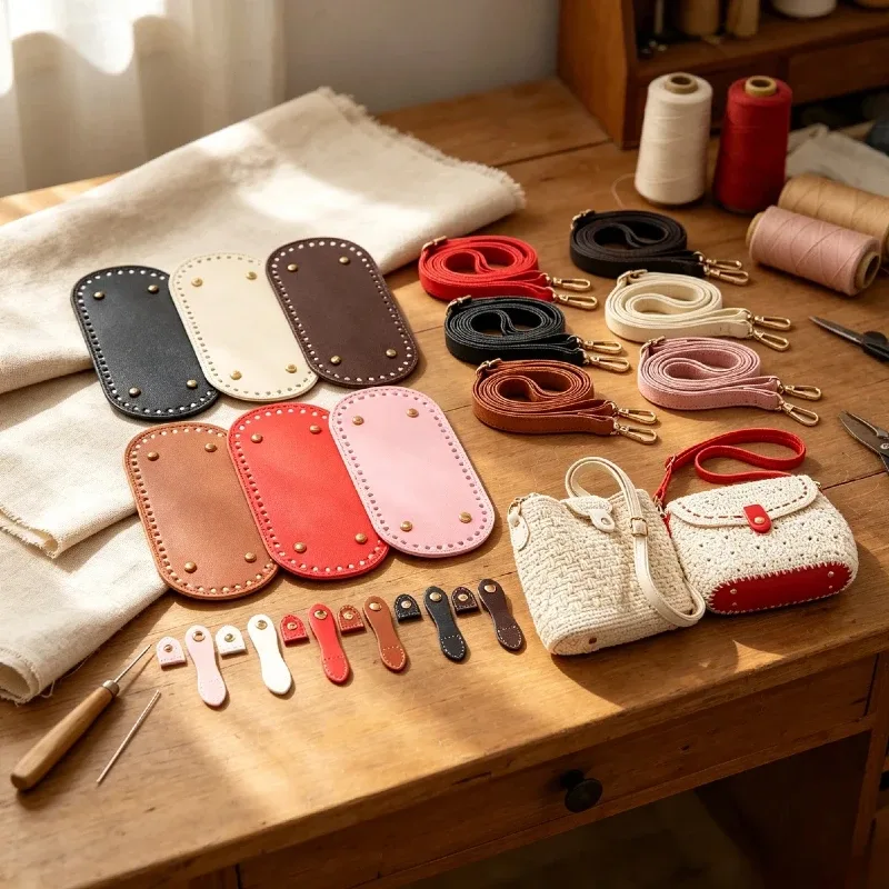 lot de 6 pièces : base de sac en cuir pu ovale avec sangle de poignée tressée, incluant boucle de bandoulière remplaçable et coussinet de fond de sac en crochet, idéal pour sacs à bandoulière, sacs à main et projets diy faits main.