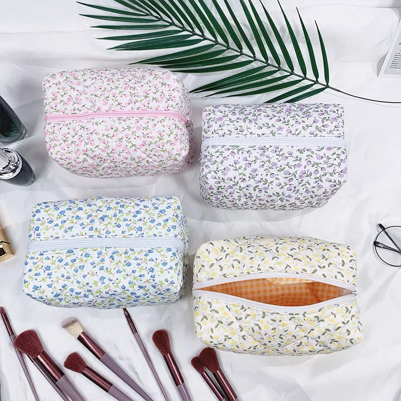 1pc fleur imprimé gonflé matelassé fermeture éclair maquillage sac organisateur de rangement toilette sac à main pochette cosmétique grand voyage sac cosmétique