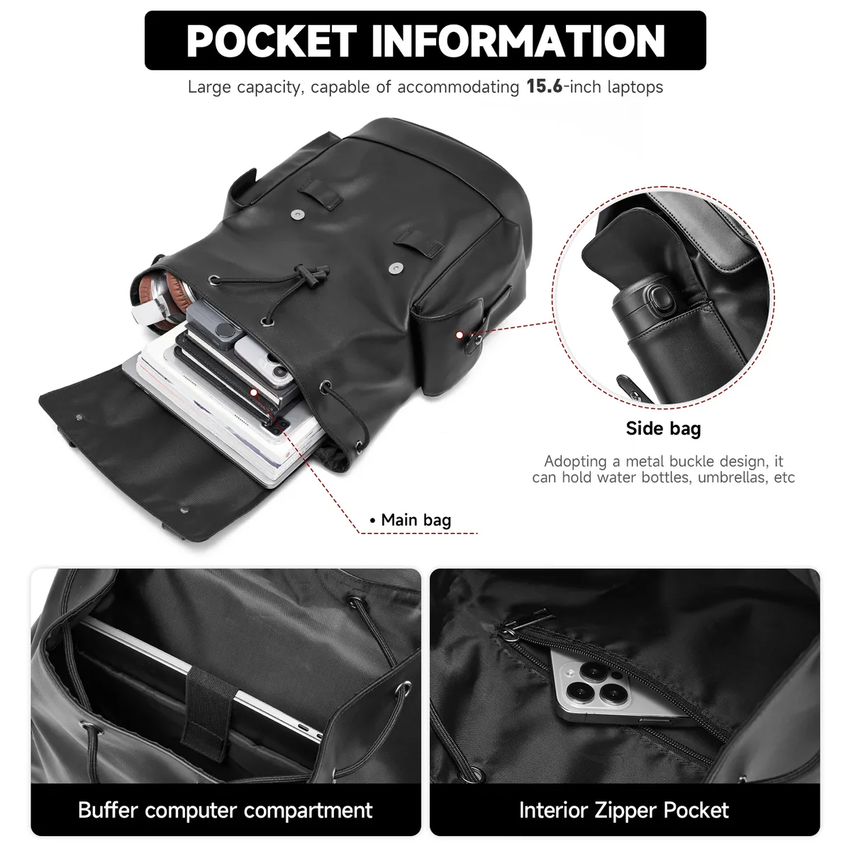 moyyi – sac à dos en cuir pvc pour hommes, grande capacité, étanche, durable, pour ordinateur portable, conception antivol pour les voyages d'affaires