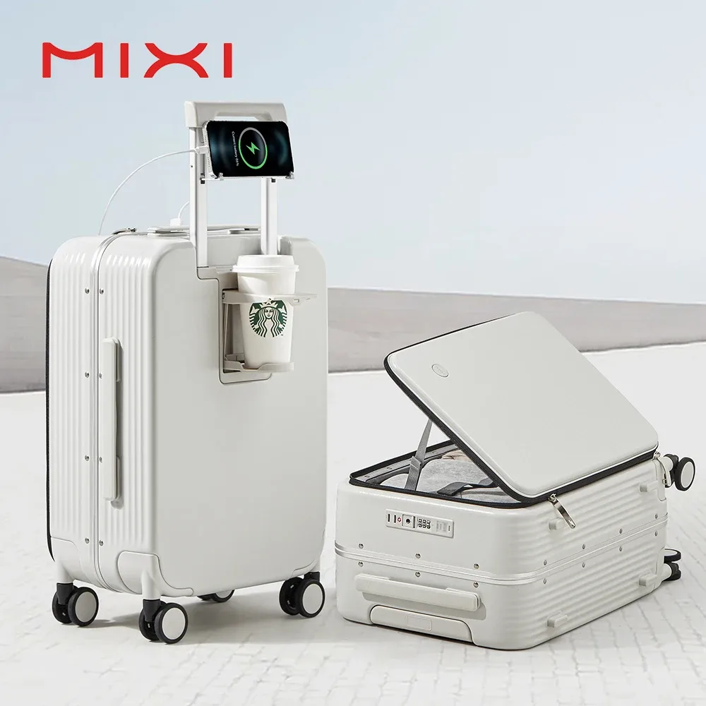 mixi nouvelle valise à cadre en aluminium bagage à roulettes avec port usb tasse de cabine d'embarquement et s