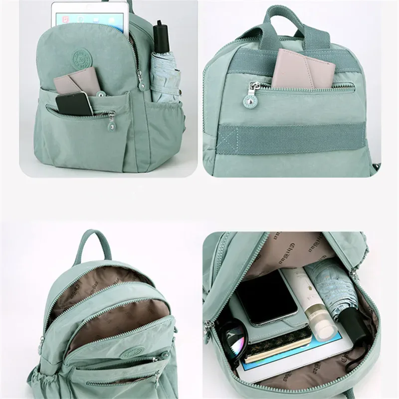 sac à dos léger en nylon pour femme, sac fourre-tout en nylon multi-poches, sac à dos décontracté imperméable pour les voyages, les trajets domicile-travail et l'usage quotidien