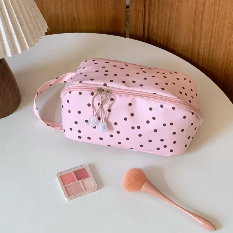 nouvelle trousse de maquillage coréenne à pois, grande capacité, sac à main portable pour femmes, organiseur de cosmétiques de voyage, sac de rangement, trousse de toilette