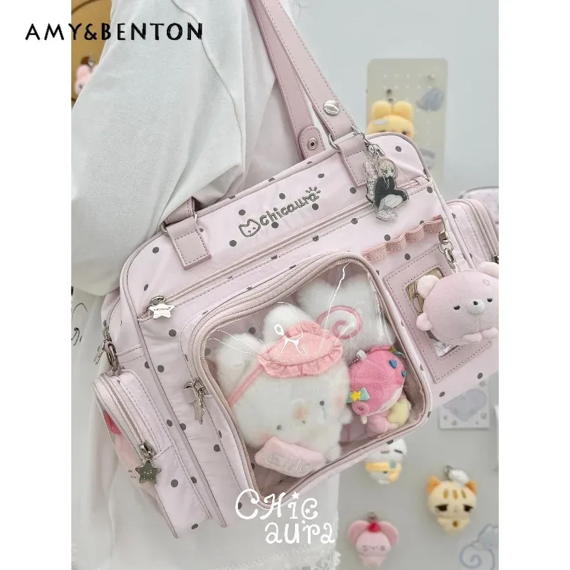 sac à bandoulière polyvalent grande capacité pour femme, motif pois, style gothique bidimensionnel, sac messager tendance