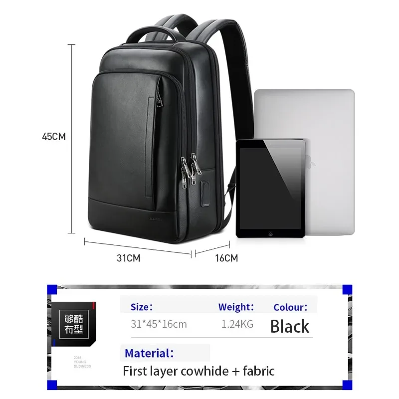 bopai-sac à dos en cuir de vachette véritable extensible pour hommes, sac à dos pour ordinateur portable, affaires, bureau, voyage, luxe, haute qualité, 15.6