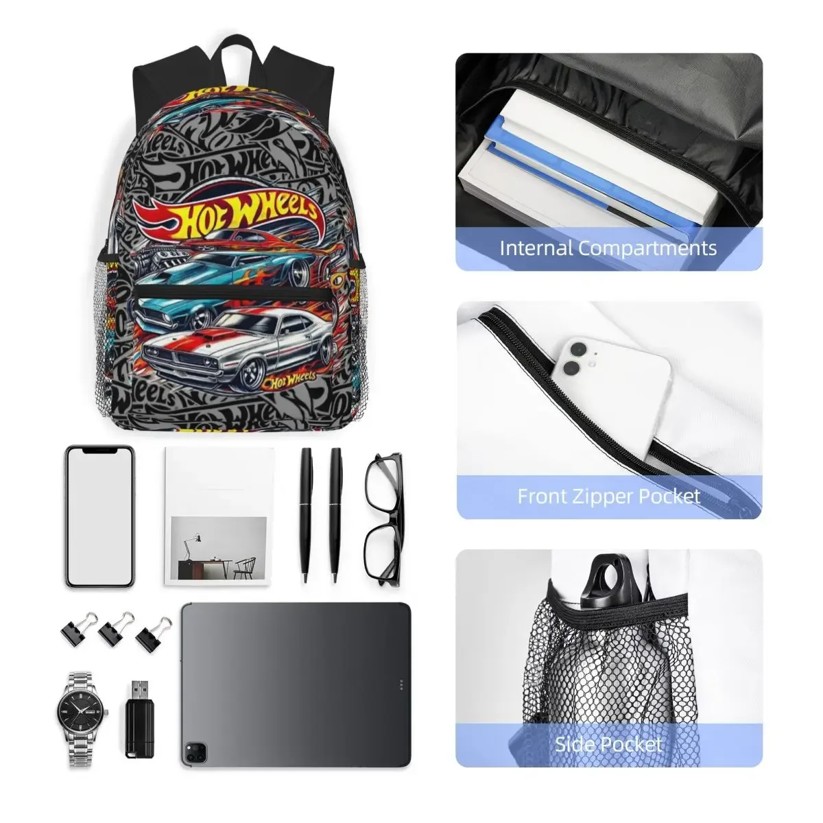 sac à dos hot wheels race pour étudiants, sac d'école, sac à dos de randonnée, sac de voyage pour hommes et femmes, sac à bandoulière