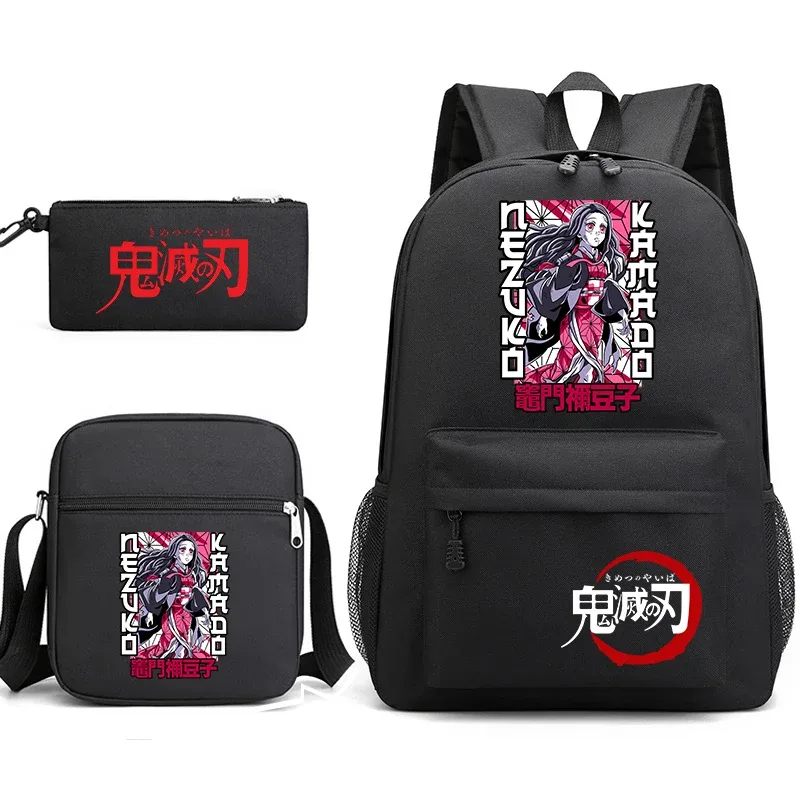 ensemble de sacs à dos d'école imprimés demon slayer, 3 pièces, avec sac à bandoulière, trousse à crayons pour garçons et filles