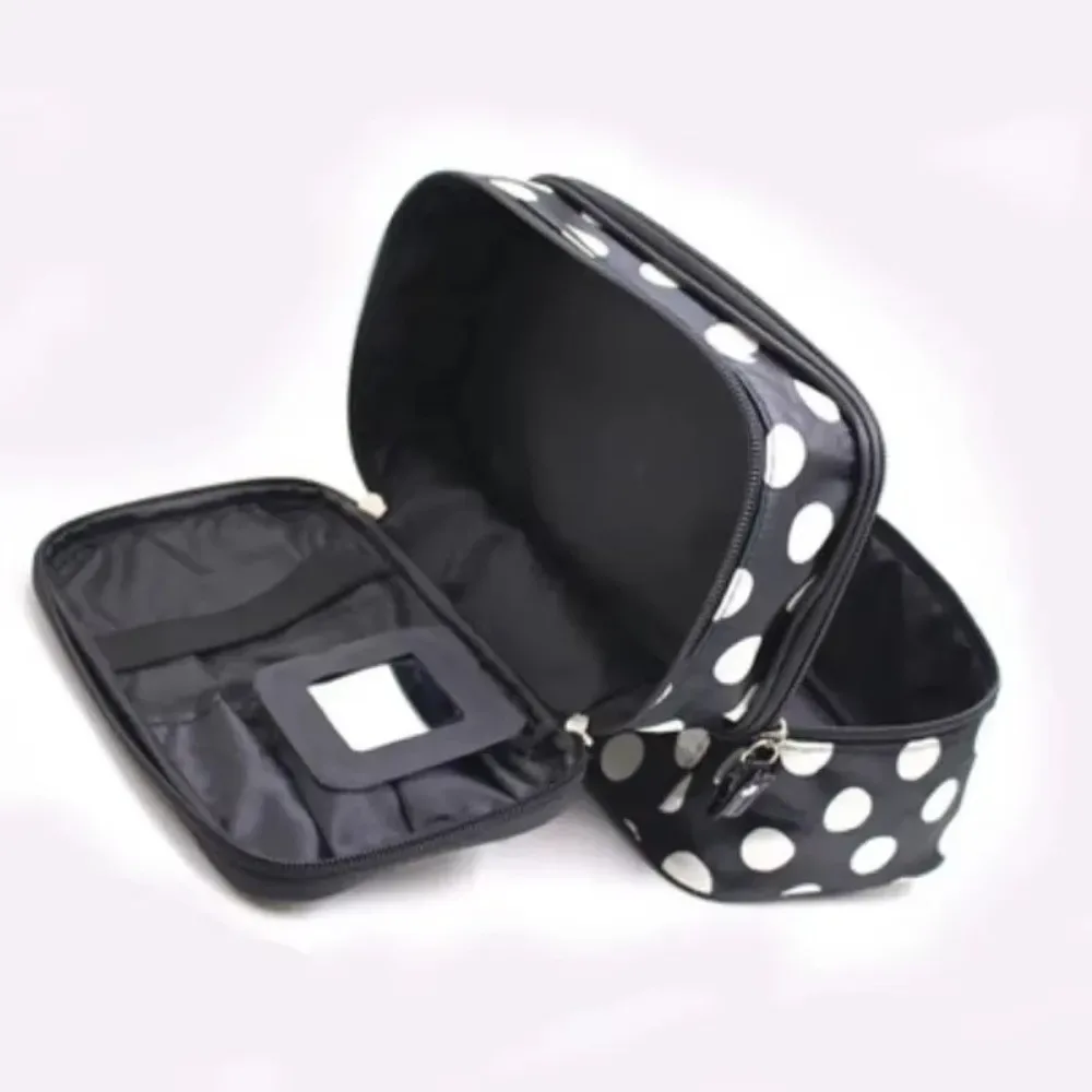 sac de maquillage double couche tendance, grande capacité, à pois, trousse de toilette portable, étui de maquillage de voyage