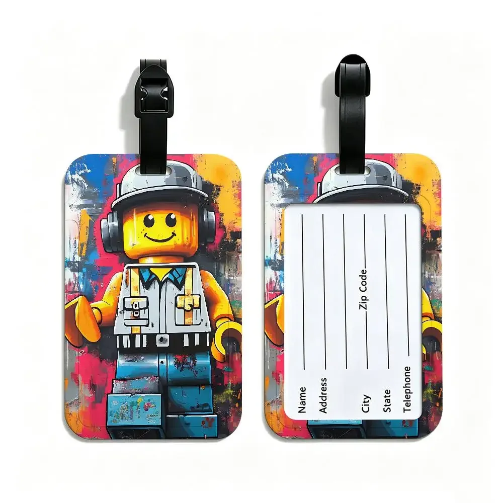 étiquette de valise en pvc anti-perte l-legos avec carte d'information, motif de dessins animés représentant diverses professions, identifiant de bagages léger pour les voyages quotidiens.