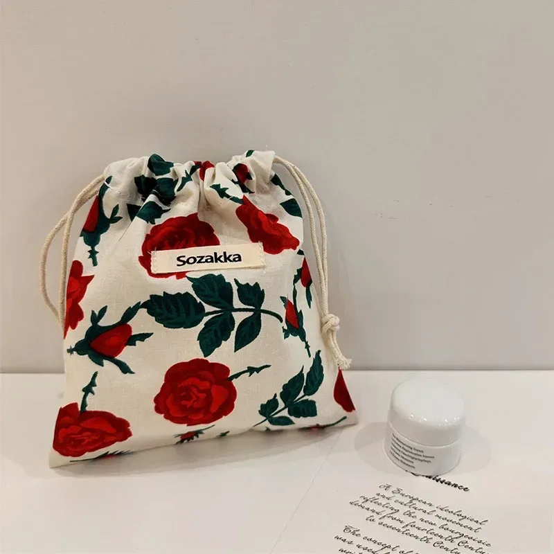 sac de maquillage mignon, cadeau de noël, organisateur de bijoux de bonbons, sac de rangement floral en coton et lin, pochette de rangement de finition pour femmes