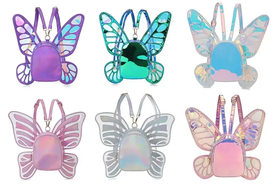 sac à dos drôle d'ailes de papillon d'ange sac à dos d'école laser pour femme pour fille voyage sac à dos décontracté sac d'école en cuir holographique