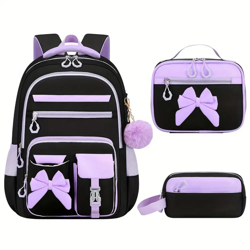 ensemble de 3 pièces : sac à dos, sac à déjeuner et trousse à crayons, en tissu oxford imperméable, avec nœud papillon, léger et grande capacité