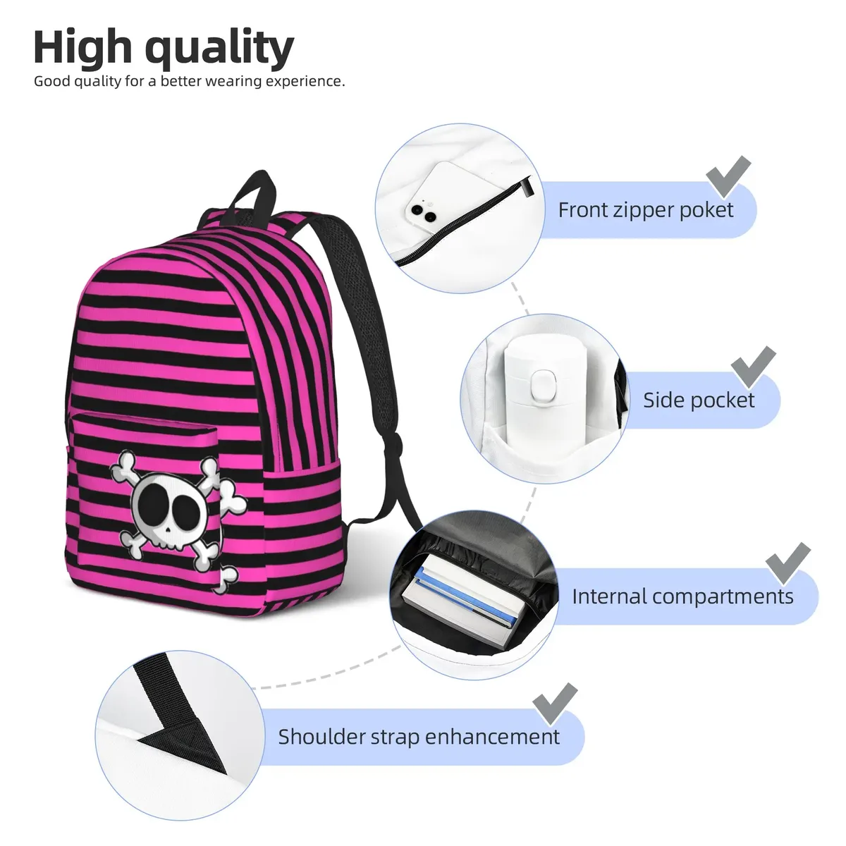 sac à dos punky pink emo, style outdoor, design étudiant, respirant, joli sac à dos scolaire