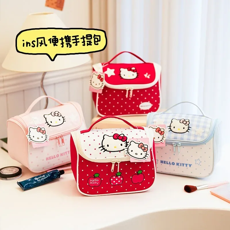 Véritable trousse de maquillage HelloKitty, trousse de toilette à motif à pois, compartiment multifonctionnel, sac de rangement pour cosmétiques suspendu, sac à main.
