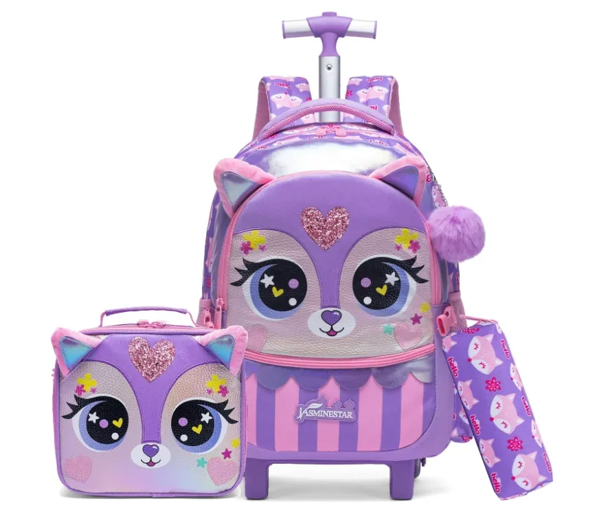 sac à dos de voyage pour enfants, sac à dos d'école à roulettes pour filles, bagages de voyage 3 en 1, valise à main avec sac à déjeuner