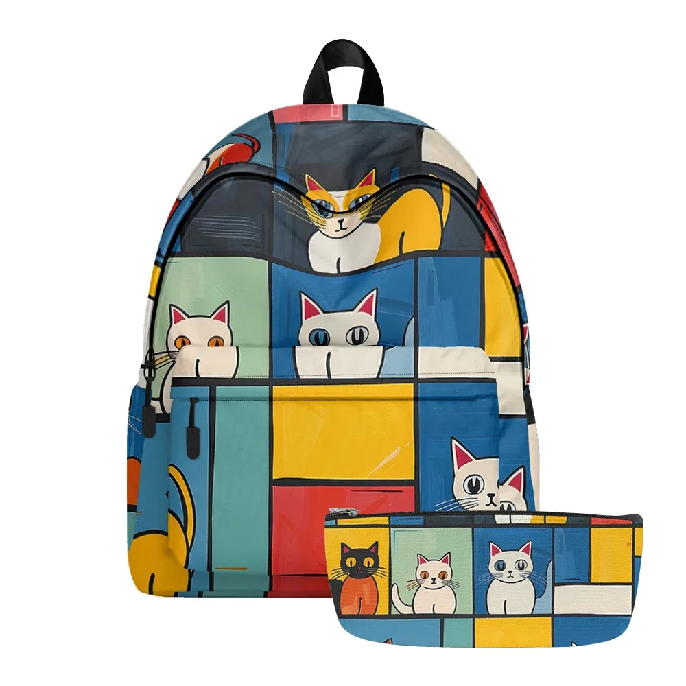 sac à dos imprimé chats de dessin animé mignon, sacs à crayons, bretelles réglables, sac d'école léger et durable, sac de jour de voyage pour adolescents, ensembles