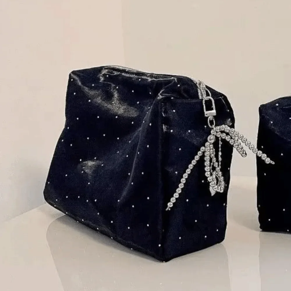 pochette de maquillage simple et luxueuse à paillettes, sac de rangement portable à fermeture éclair, sac à main perlé avec nœud et strass pour femme