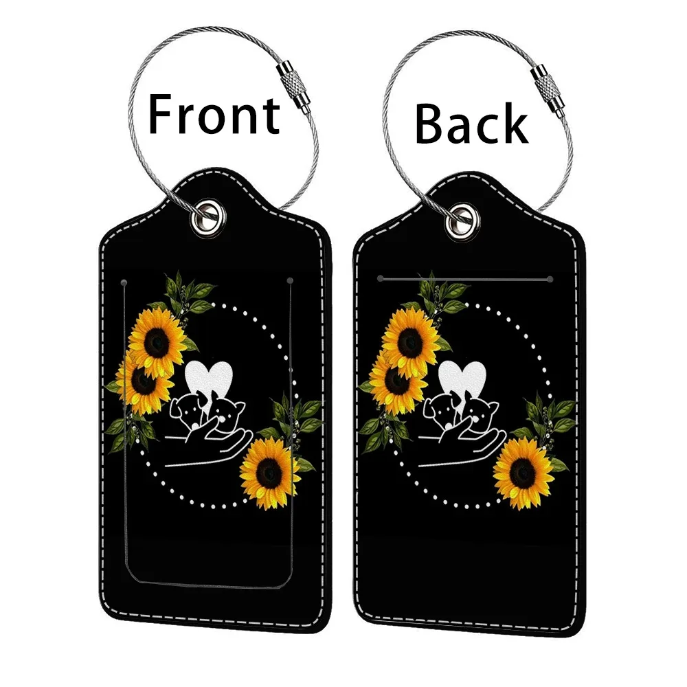 étiquette de bagage d'affaires en cuir estampillé tournesol, étiquette d'adresse de valise, étui d'embarquement de bagages, clip d'adresse d'identification de nom