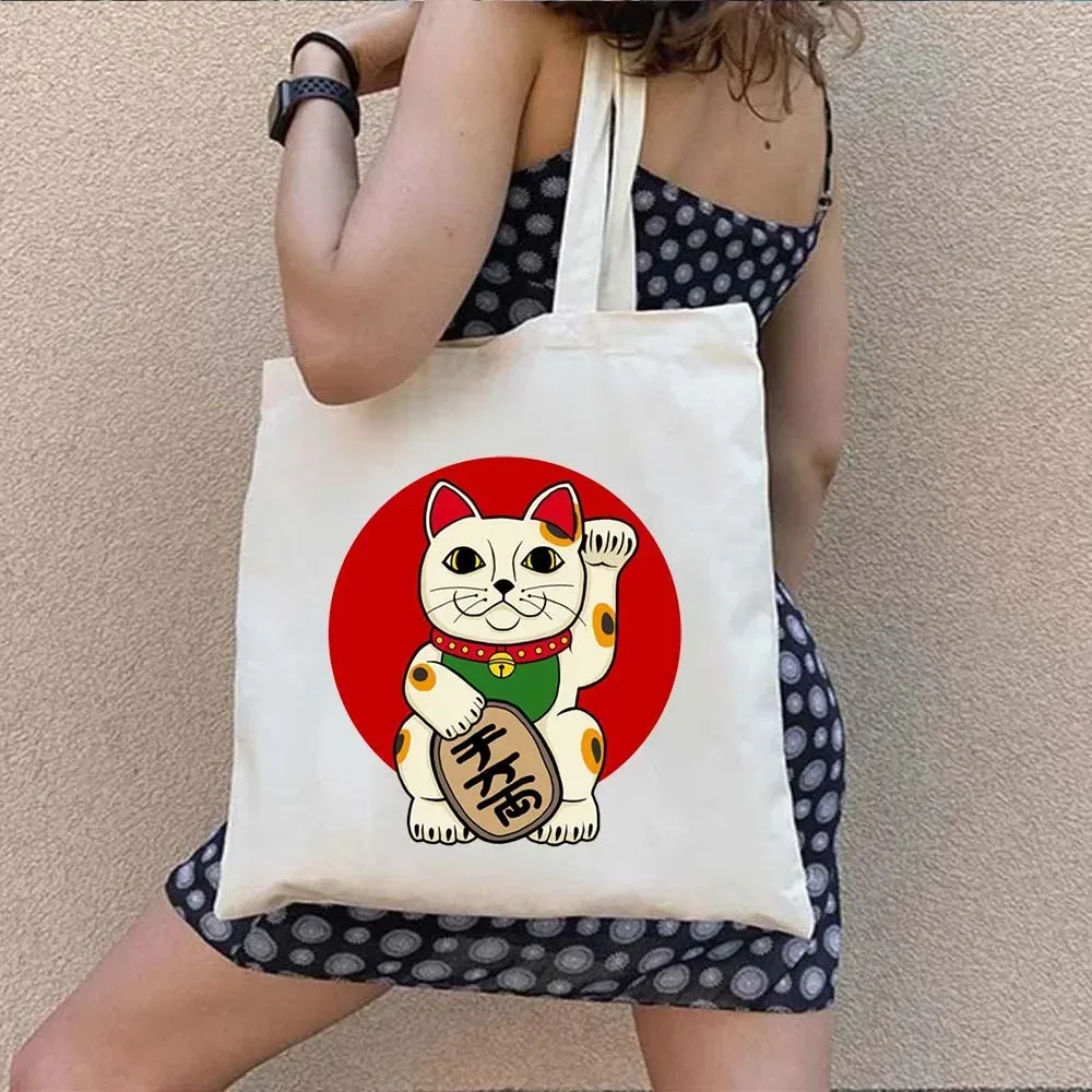 sac fourre-tout en toile à bandoulière pour le shopping, motif maneki neko, chat porte-bonheur japonais mignon, style mont fuji, style japonais, geisha de kyoto, tokyo japon
