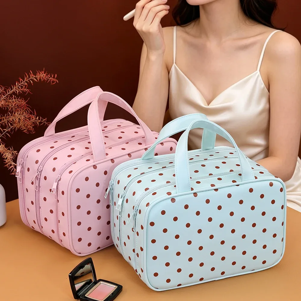 sac de maquillage portable à pois, sac à cosmétiques multifonctionnel à trois couches en cuir pu, sac de rangement de voyage étanche de grande capacité