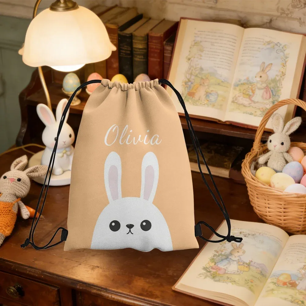sac à dos personnalisé avec cordon de serrage, motif lapin de pâques, nom personnalisé, sac pour enfants, sac à cordon idéal pour la chasse aux œufs de pâques, cadeau pour l'extérieur