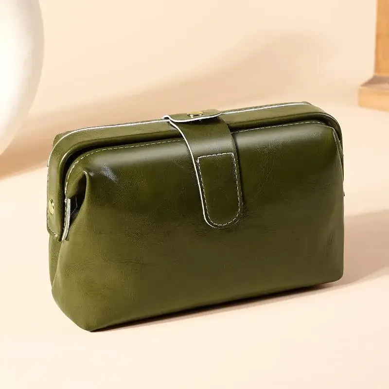 porte-monnaie à boutons de couleur unie pour filles, sac à cosmétiques en cuir pu vintage à la mode pour femmes, trousse de maquillage de grande capacité, étanche, 1 pièce