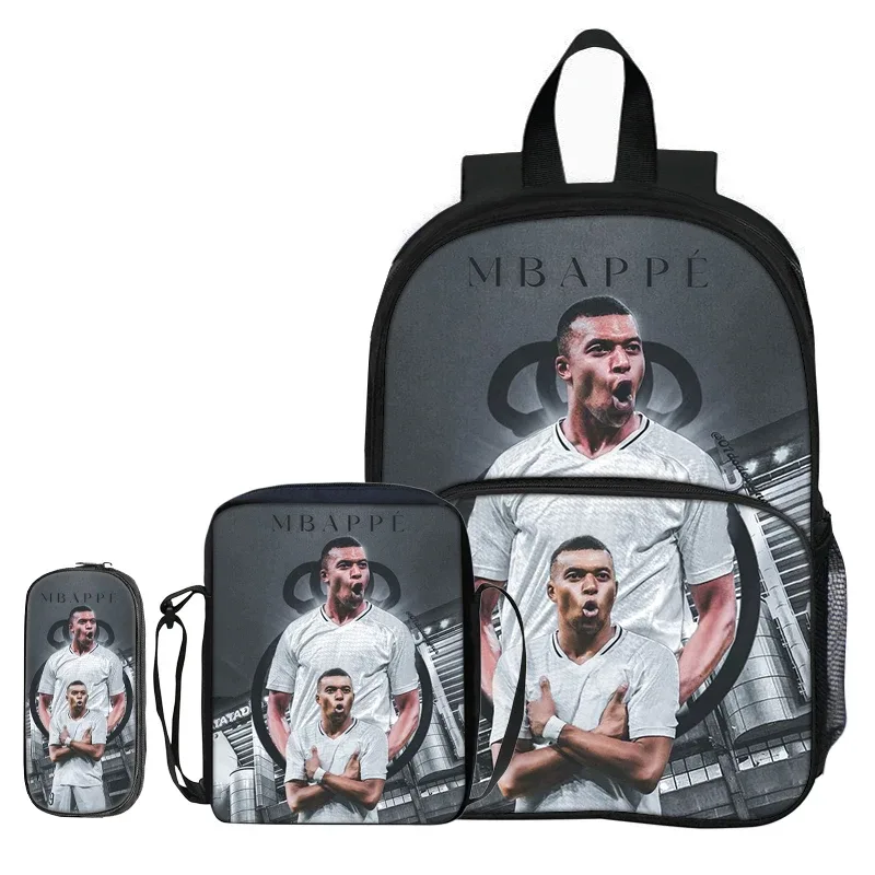 sac à dos pour enfants, sacs à bandoulière, trousse à crayons m-mbappe, ensemble de 3 pièces avec poche avant, sac à dos de star du football