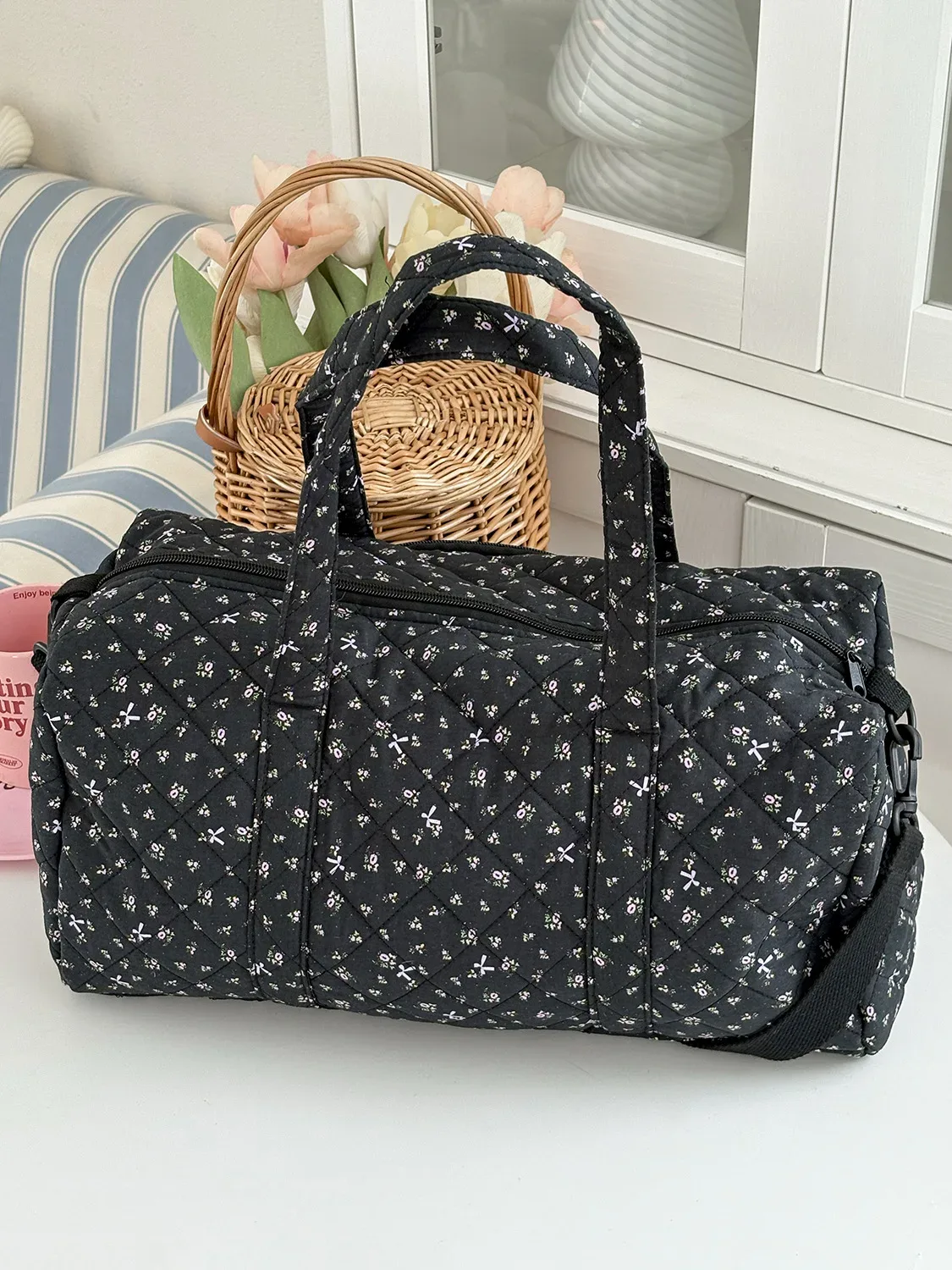 sac de voyage léger de grande capacité, sac boston à bandoulière, petit sac de voyage matelassé à motifs floraux, style tendance