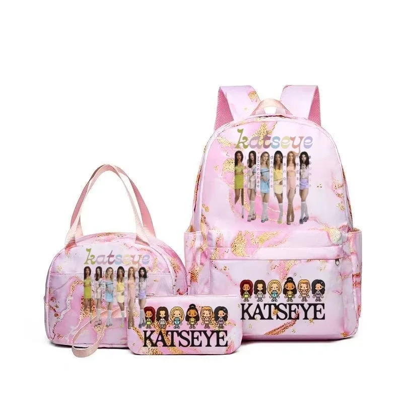sacs à dos katseye à imprimé amusant avec sacs à lunch, multi-poches, camouflage, pour adolescents, sac à dos de voyage pour ordinateur portable, sac d'école pour femmes, mochila