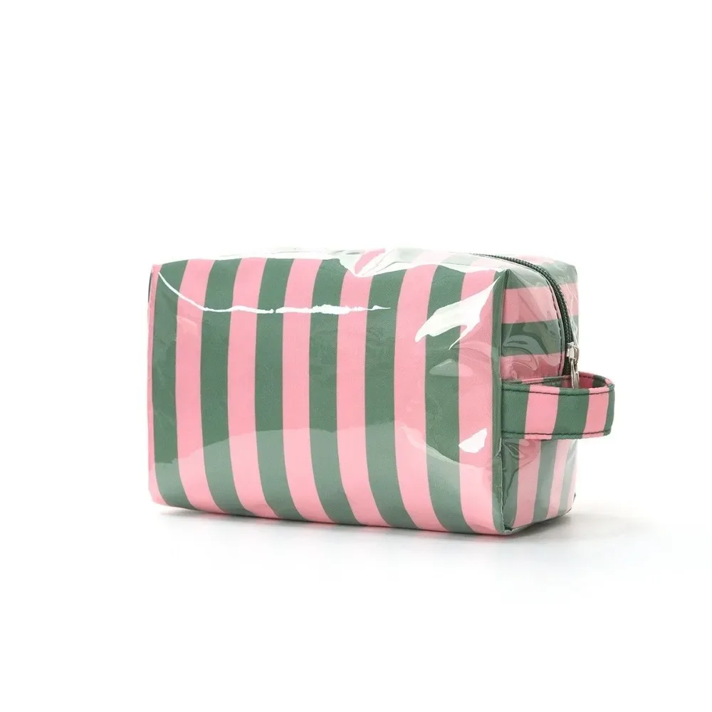 trousse de toilette imperméable rayée grande capacité rose en pvc – organisateur de maquillage portable simple pour voyage – sac de rangement cosmétique pour femme