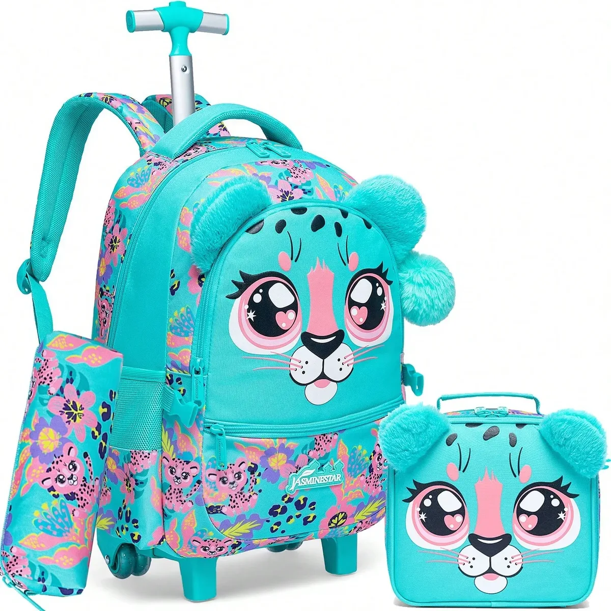 sac à dos à roulettes pour filles, sac à dos pour enfants à roulettes, ensemble de sacs à roulettes pour l'école avec boîte à lunch isotherme, sac de voyage pour enfants