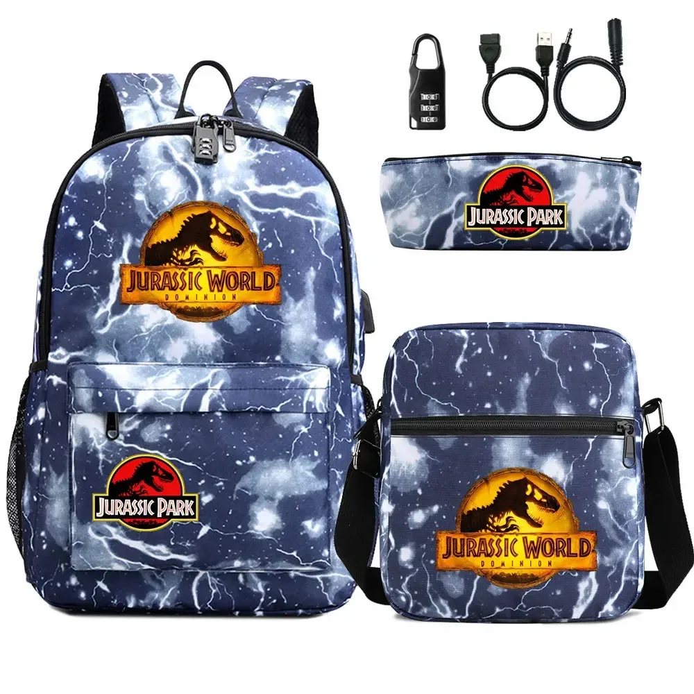 dinosaure jurassic park world 3 pièces usb antivol serrure garçon fille enfants école livre sacs voyage sac à dos sac à bandoulière stylo sac