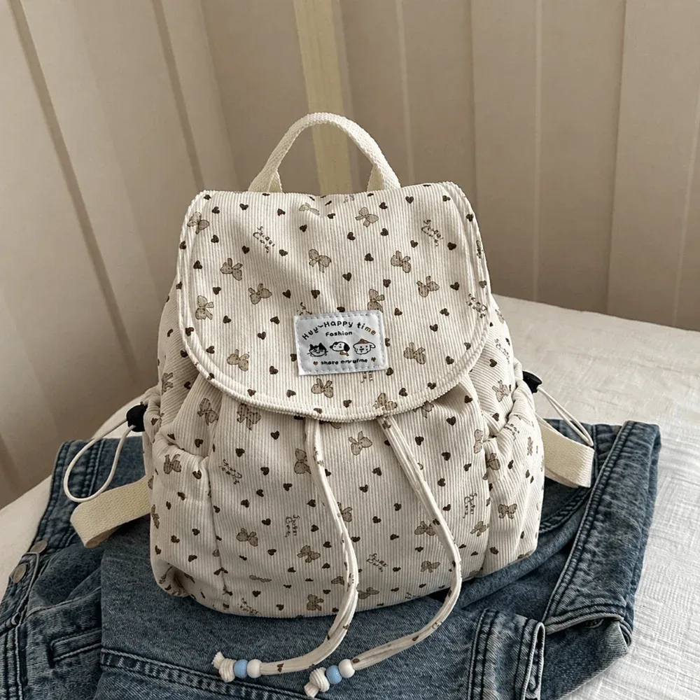 sac à dos élégant et léger en velours côtelé à imprimé nœud, décontracté, grande capacité, avec cordon de serrage, design simple, polyvalent, pour étudiant