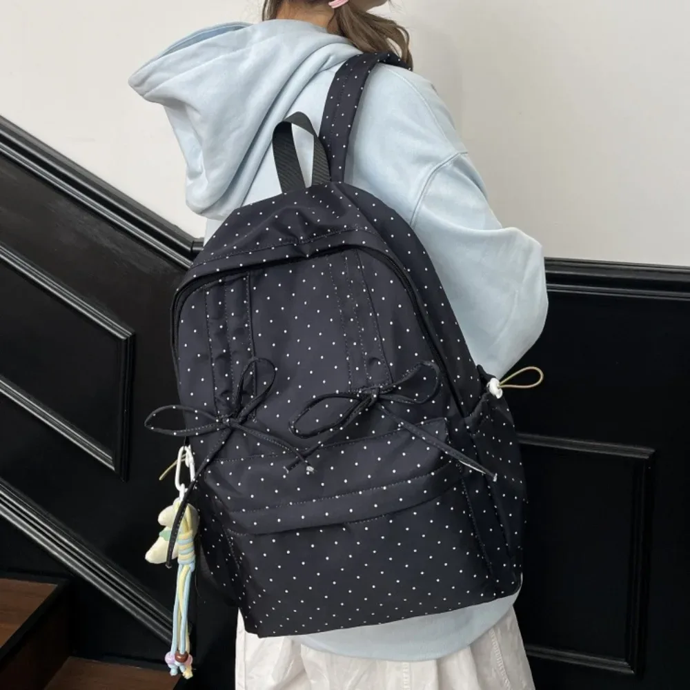 Sac à dos de voyage à pois tendance avec nœud, grande capacité, cartable d'étudiant, sac à dos multi-poches en nylon pour ordinateur portable