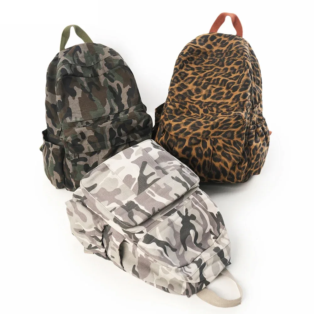 Sac à dos en toile pour femmes, hommes et couples, unisexe, décontracté, imprimé léopard et camouflage, sac de voyage, sac à dos d'école, sac à bandoulière rétro