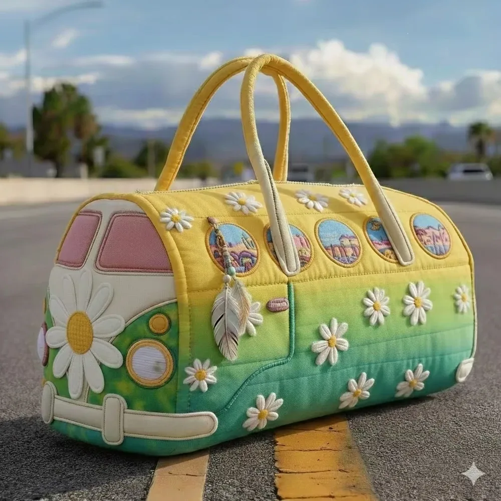sac de voyage matelassé 3d tendance, motif bus, grande capacité, sac à main rétro bohème, sac de sport robuste pour les sorties quotidiennes
